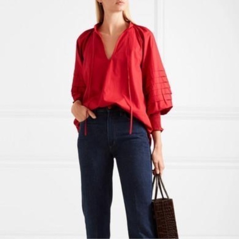 Rhode Resort Sage Tie neck Cotton-Poplin Women's Blouse in Red